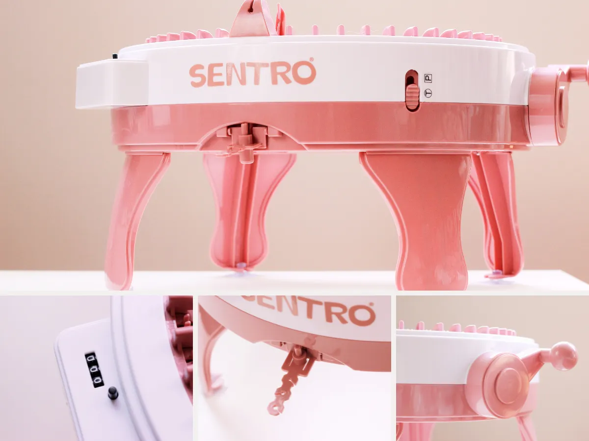 SENTRO 48針手搖編織機，機器細節包含整體外觀、計數器、調節器、搖手柄